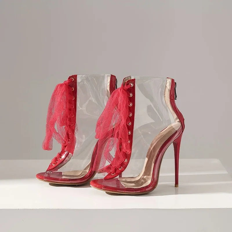 Trasparenza Ribbon Lace-Up Stiletto Booties