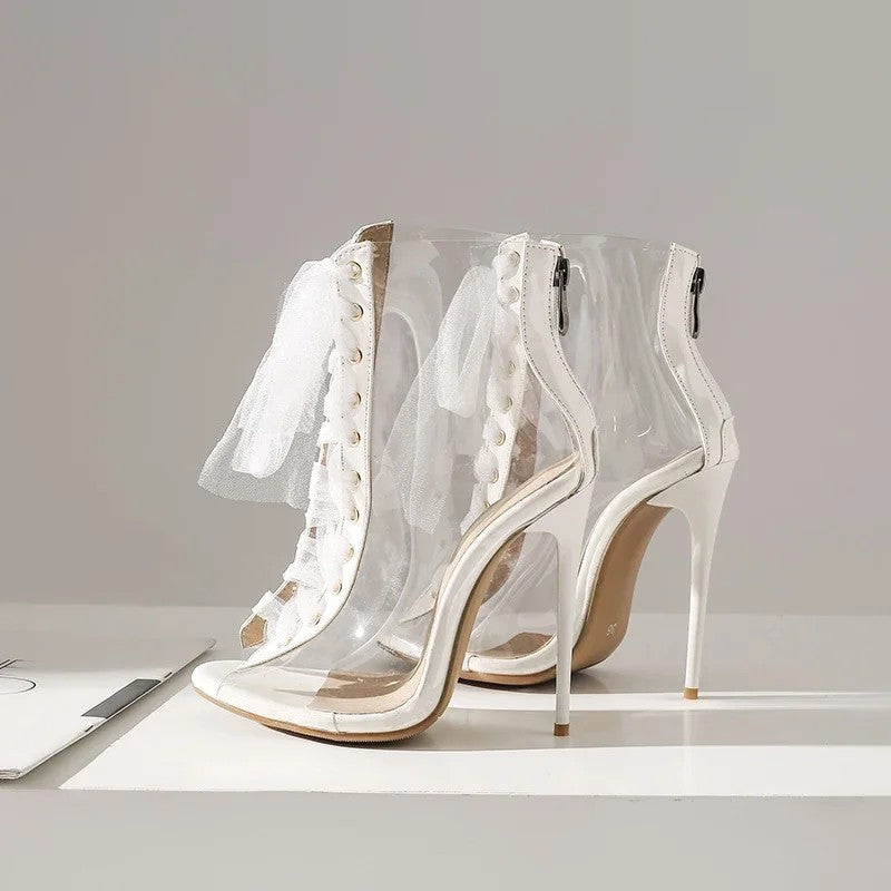 Trasparenza Ribbon Lace-Up Stiletto Booties