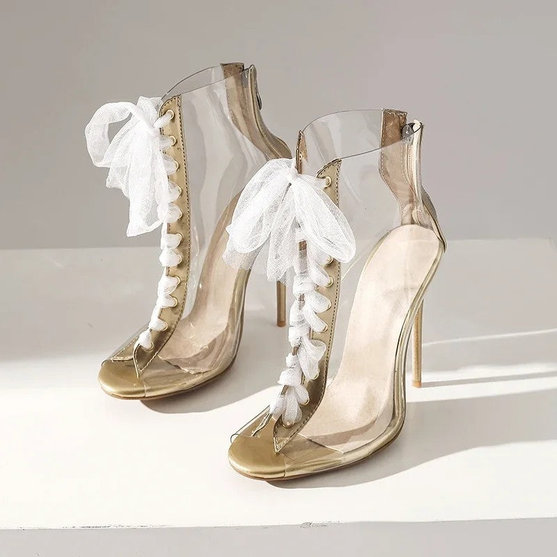 Trasparenza Ribbon Lace-Up Stiletto Booties