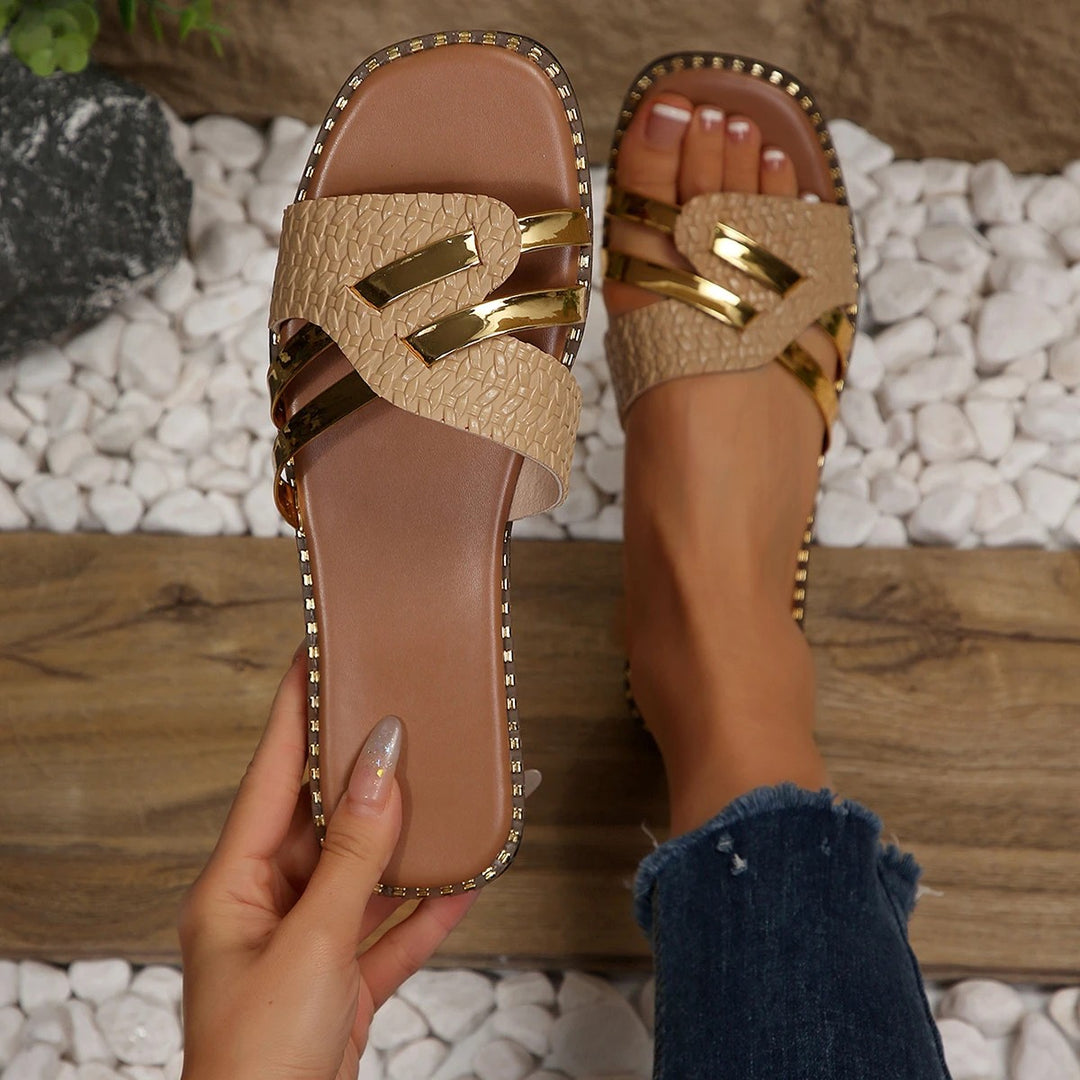 Intreccio Gold-Bar Slide Sandals