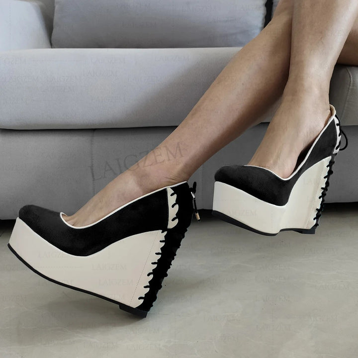 Bicolora Contrast Platform Wedge Pumps