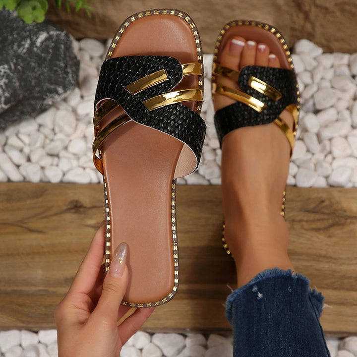 Treccia Gold-Bar Slide Sandals