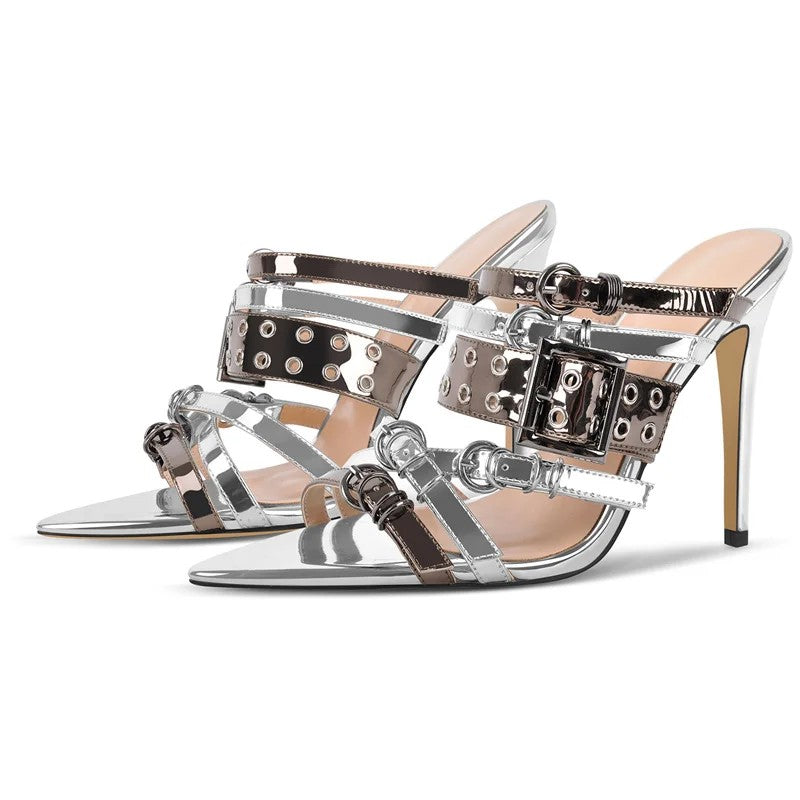 Occhiello Grommet-Buckle Stiletto Mules