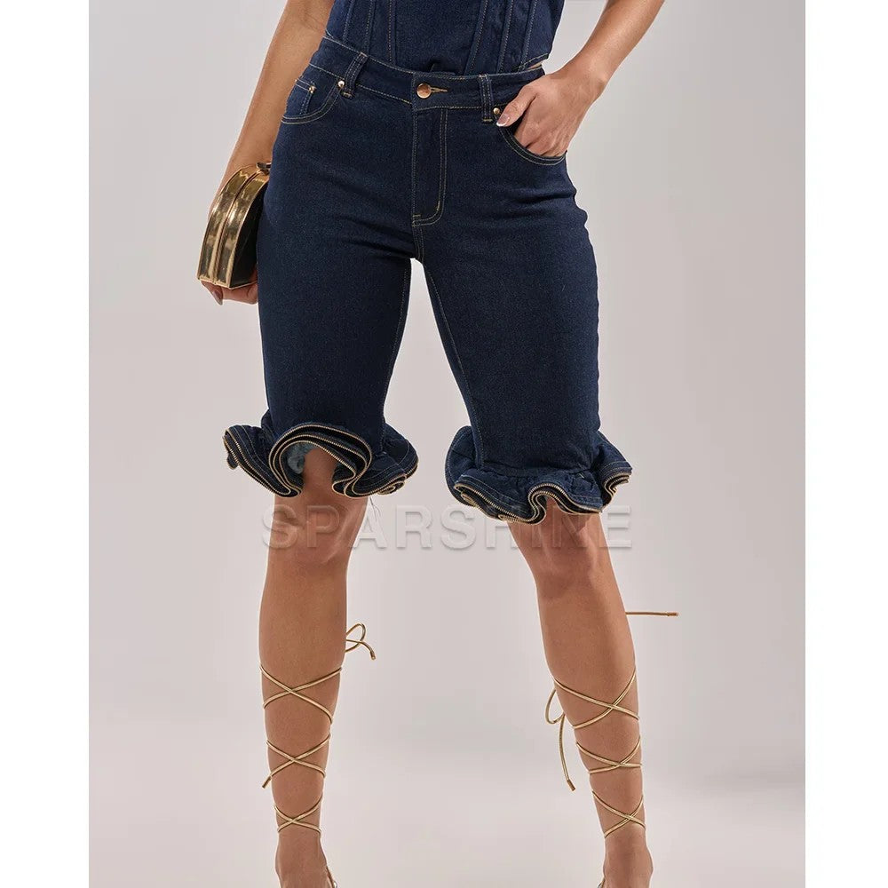 Cascade Ruffle Denim Shorts