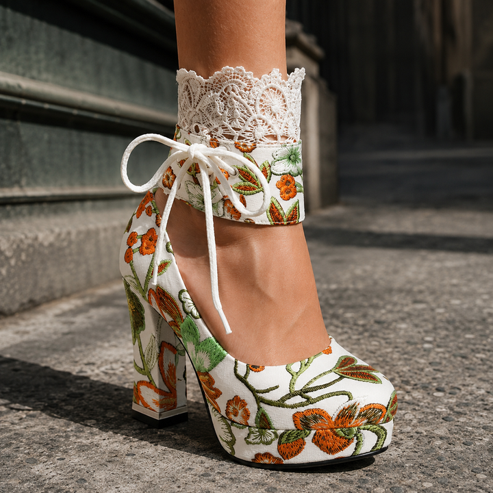 Giardina Floral Lace-Cuff Pumps