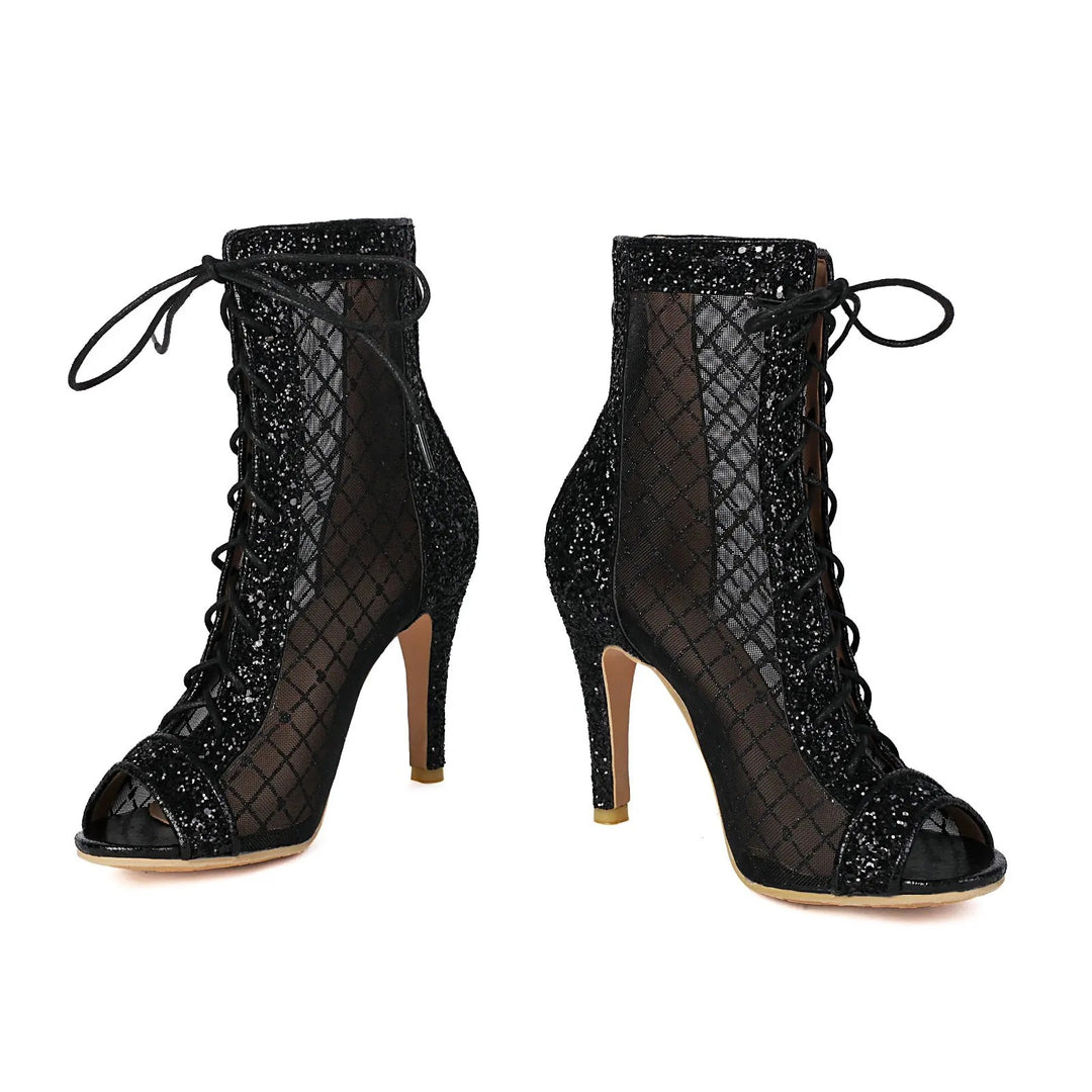 Scintilla Mesh Lace-Up Heeled Booties