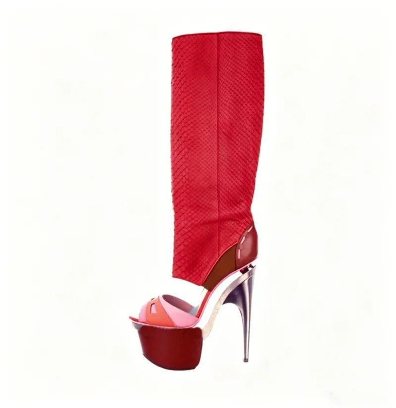Squama Snake-Effect Platform Peep-Toe Boots