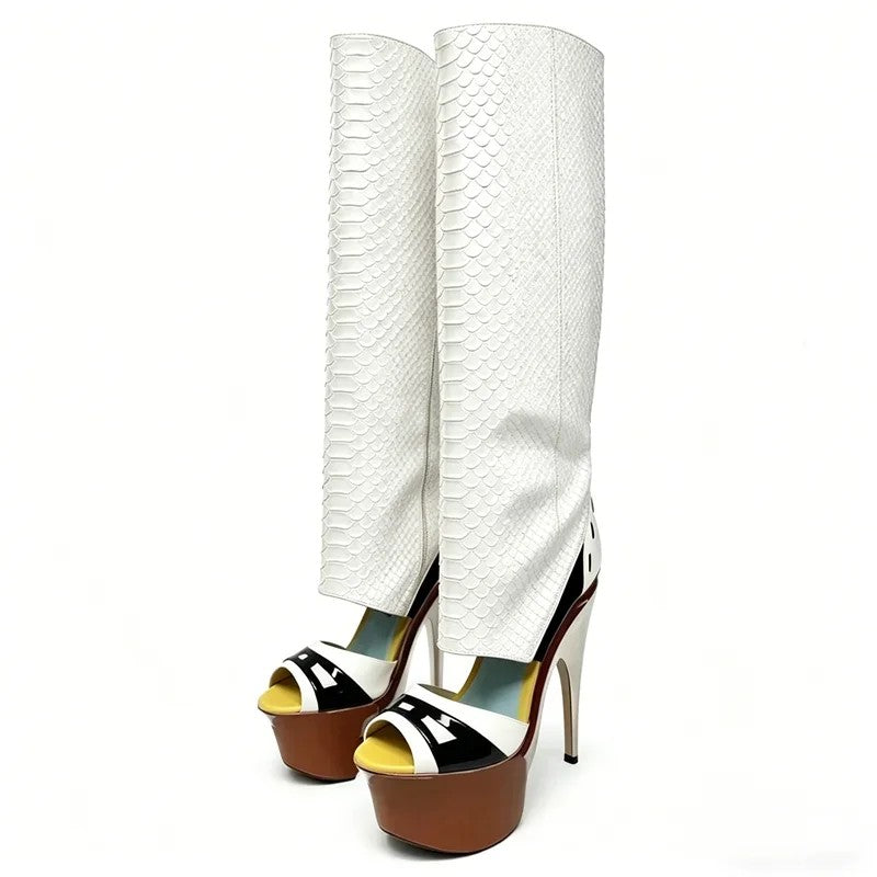 Squama Snake-Effect Platform Peep-Toe Boots