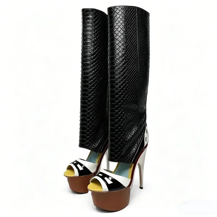 Squama Snake-Effect Platform Peep-Toe Boots