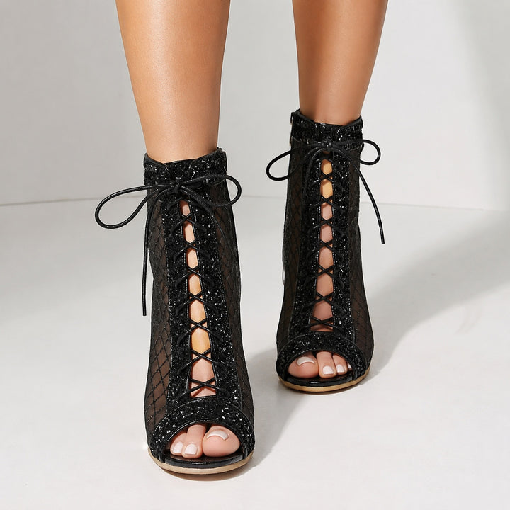 Scintilla Mesh Lace-Up Heeled Booties — ce_pivot_front_04