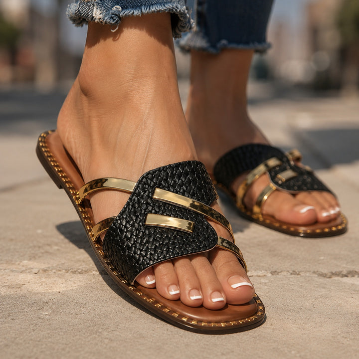Treccia Gold-Bar Slide Sandals — ce_brooklyn_s1_01